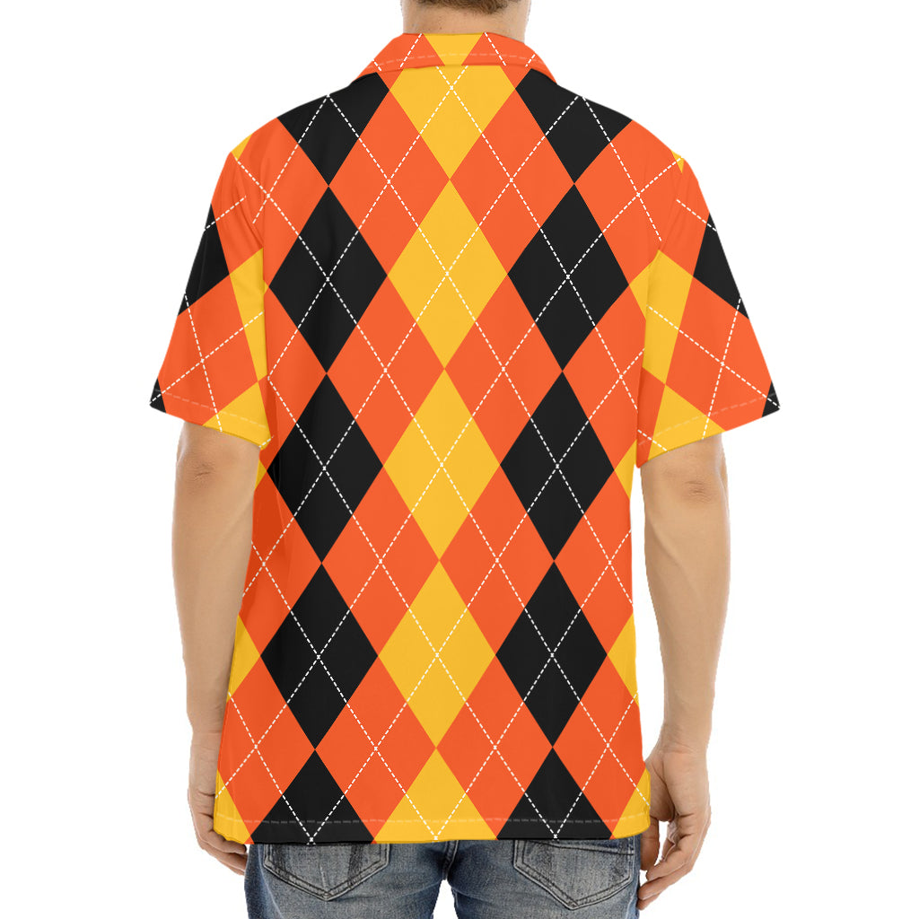 Orange And Black Argyle Pattern Print Aloha Shirt