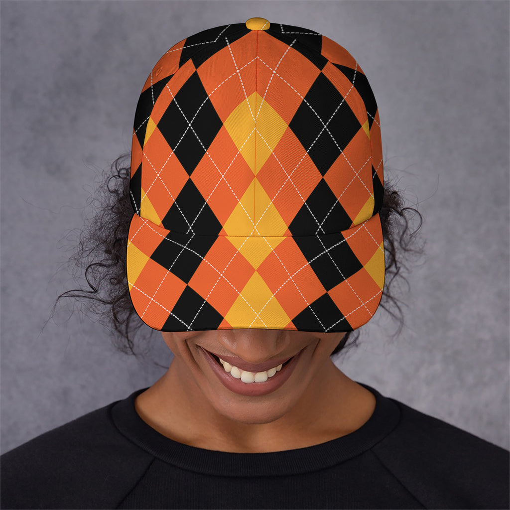 Orange And Black Argyle Pattern Print Baseball Cap