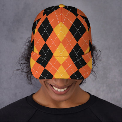 Orange And Black Argyle Pattern Print Baseball Cap