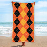 Orange And Black Argyle Pattern Print Beach Towel