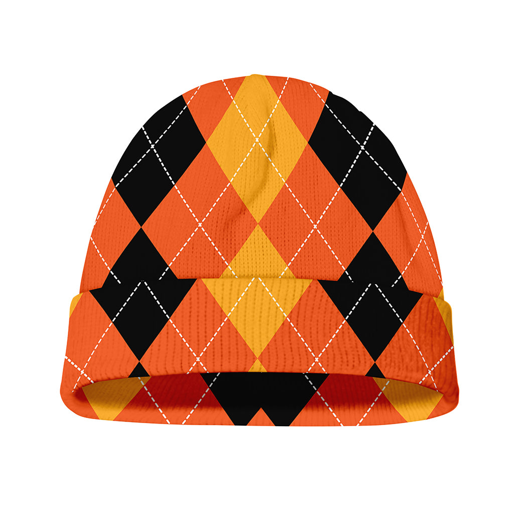 Orange And Black Argyle Pattern Print Beanie