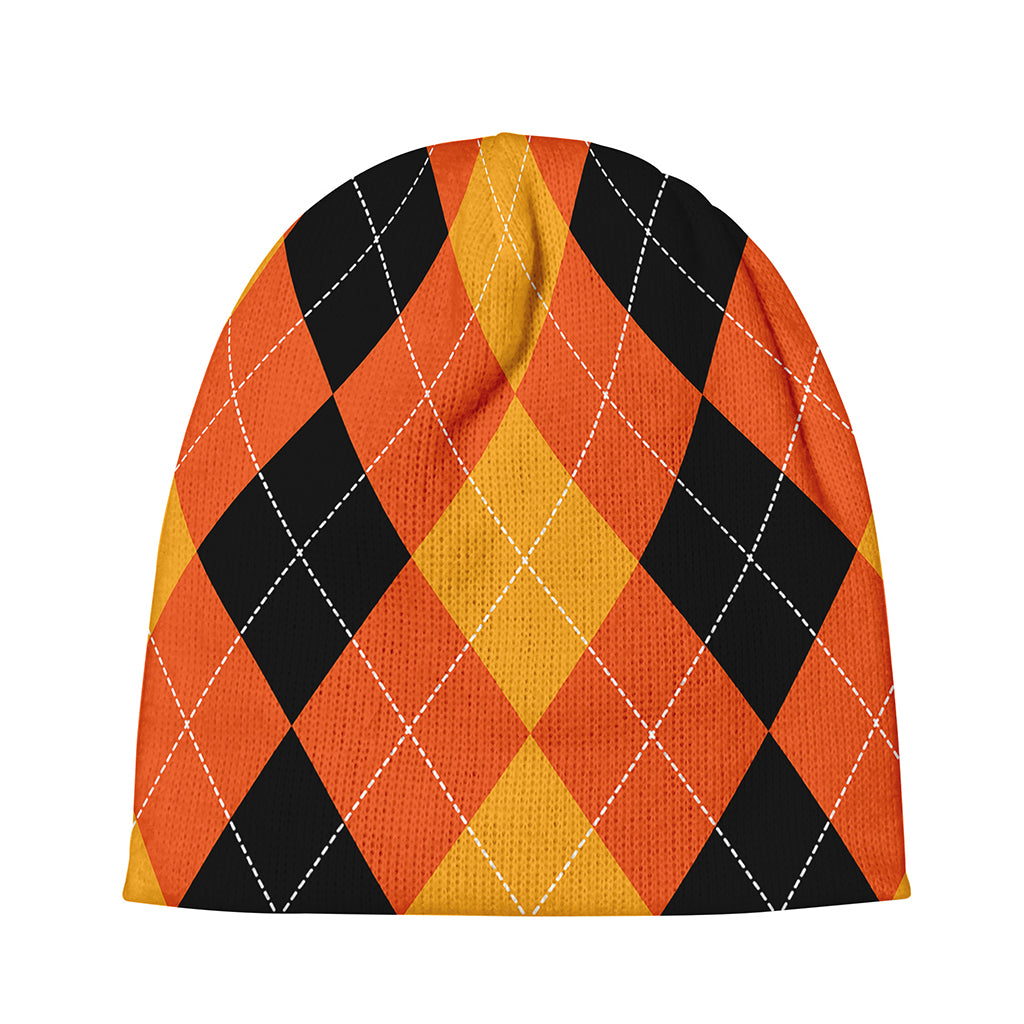 Orange And Black Argyle Pattern Print Beanie