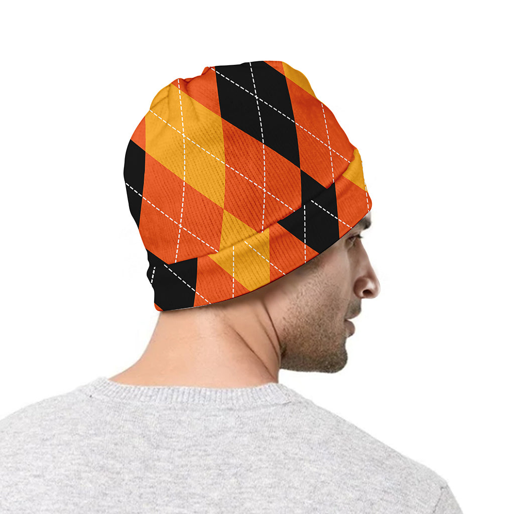 Orange And Black Argyle Pattern Print Beanie