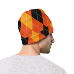Orange And Black Argyle Pattern Print Beanie