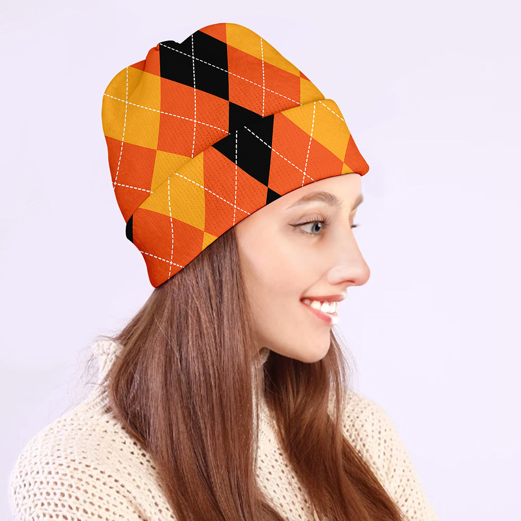 Orange And Black Argyle Pattern Print Beanie