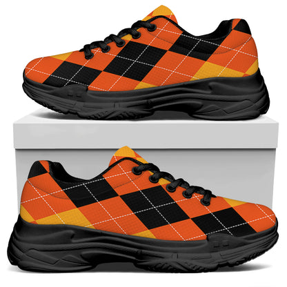 Orange And Black Argyle Pattern Print Black Chunky Shoes