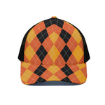Orange And Black Argyle Pattern Print Black Mesh Trucker Cap