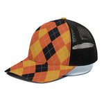 Orange And Black Argyle Pattern Print Black Mesh Trucker Cap