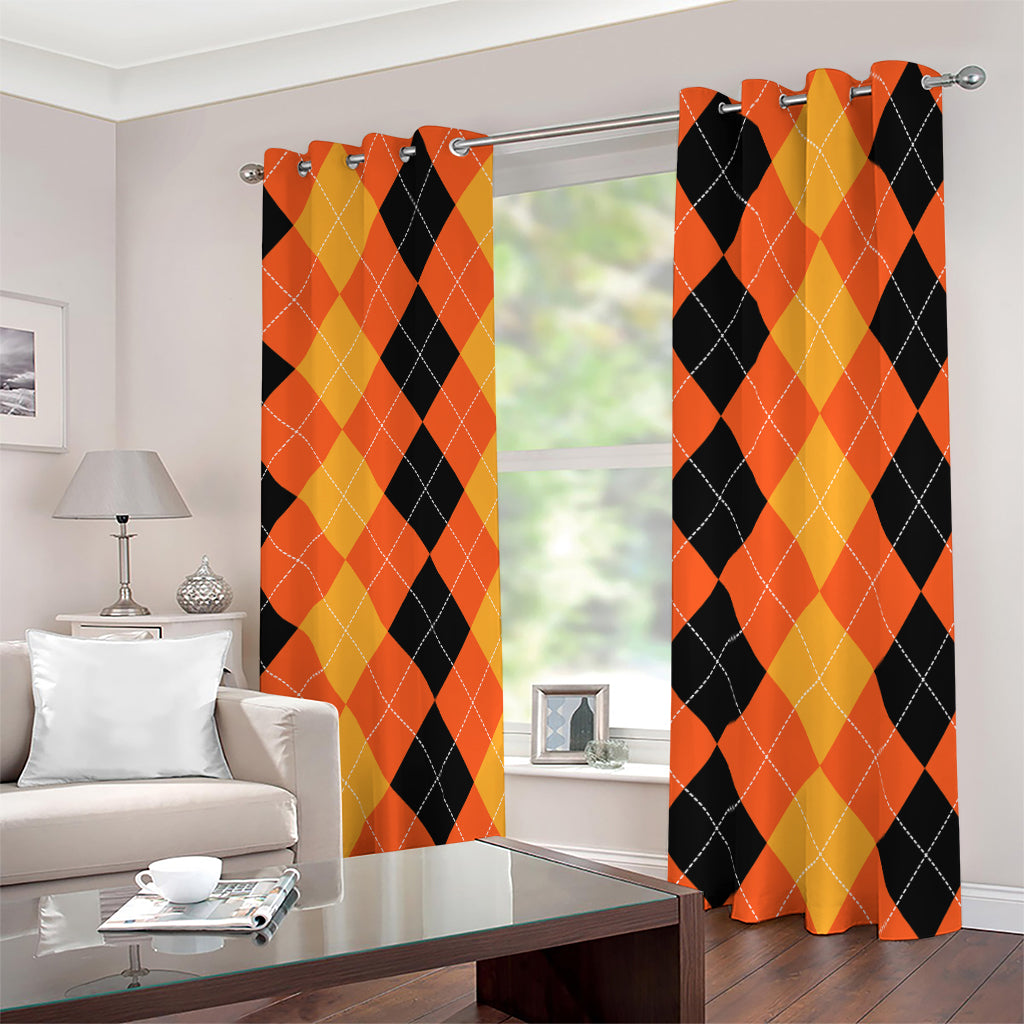 Orange And Black Argyle Pattern Print Blackout Grommet Curtains