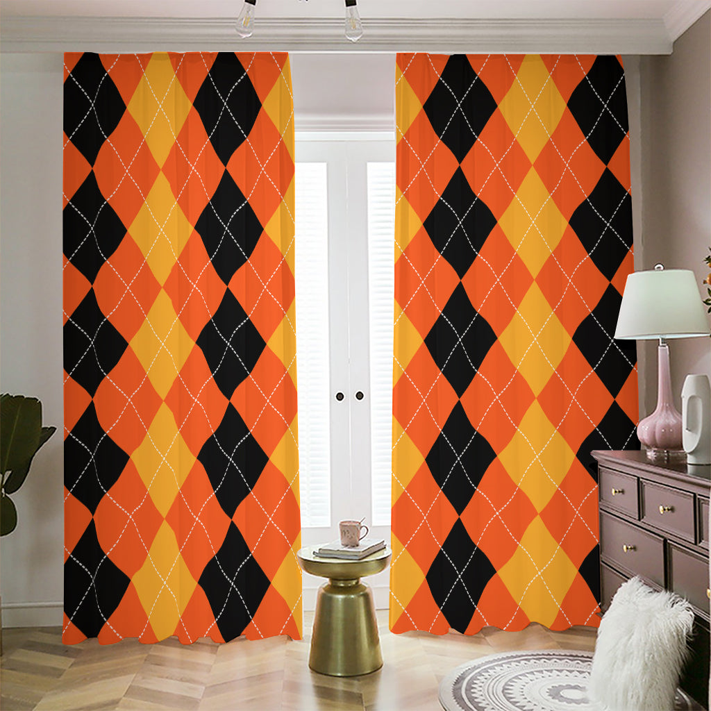 Orange And Black Argyle Pattern Print Blackout Pencil Pleat Curtains