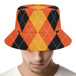 Orange And Black Argyle Pattern Print Bucket Hat