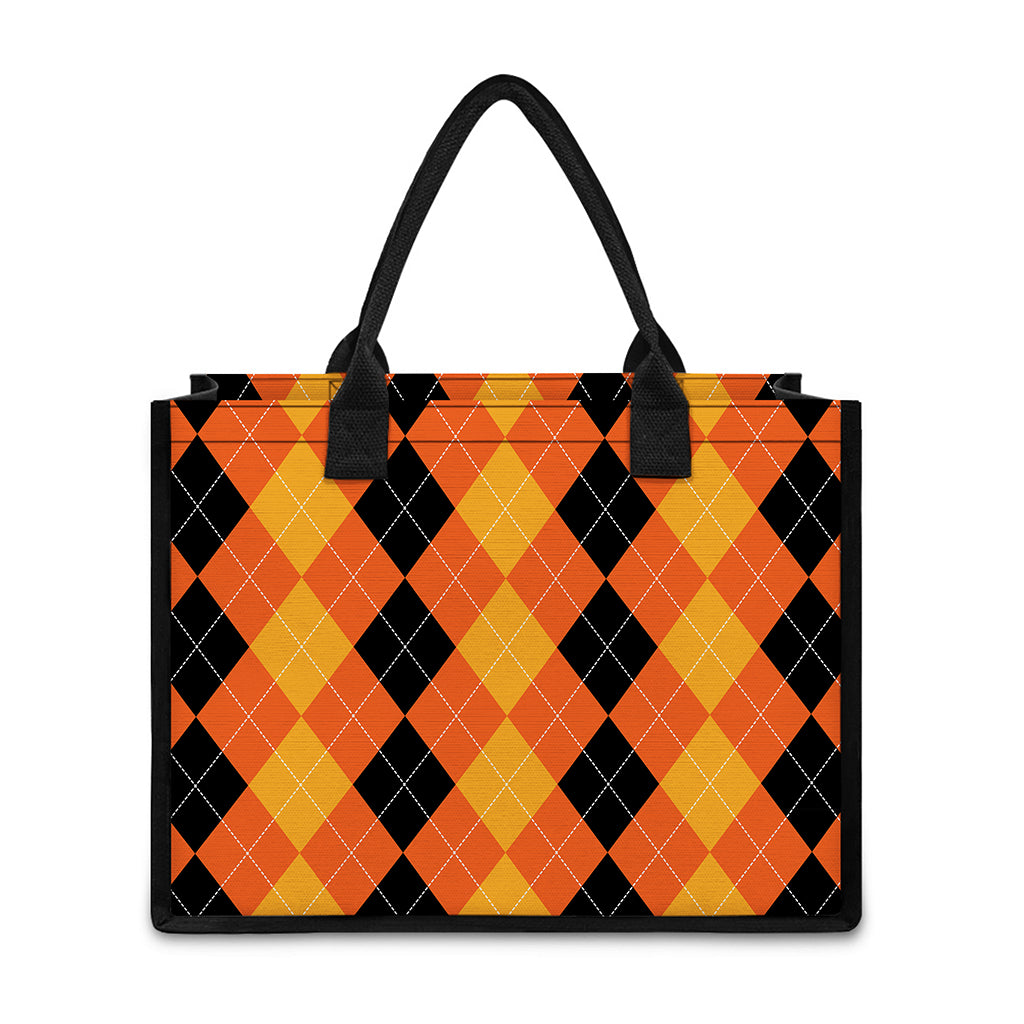 Orange And Black Argyle Pattern Print Canvas Tote Bag