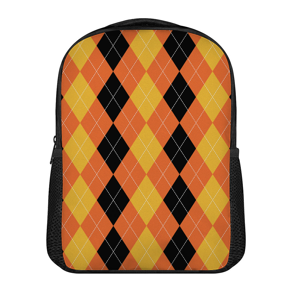 Orange And Black Argyle Pattern Print Casual Backpack