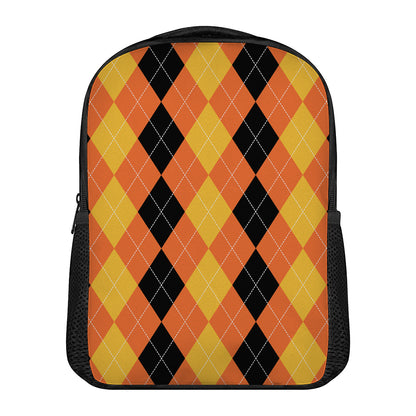 Orange And Black Argyle Pattern Print Casual Backpack
