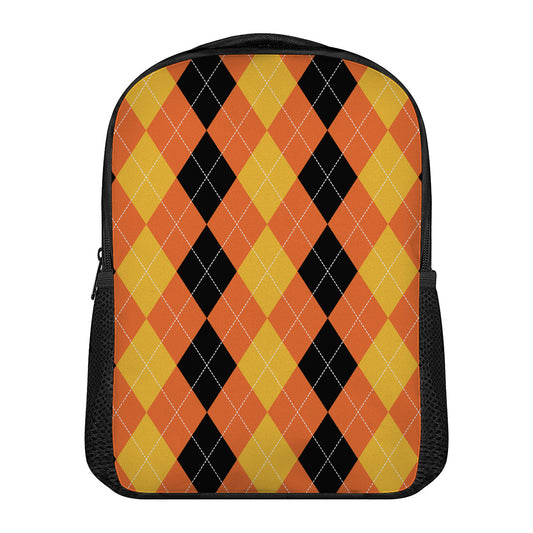 Orange And Black Argyle Pattern Print Casual Backpack