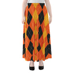 Orange And Black Argyle Pattern Print Chiffon Maxi Skirt