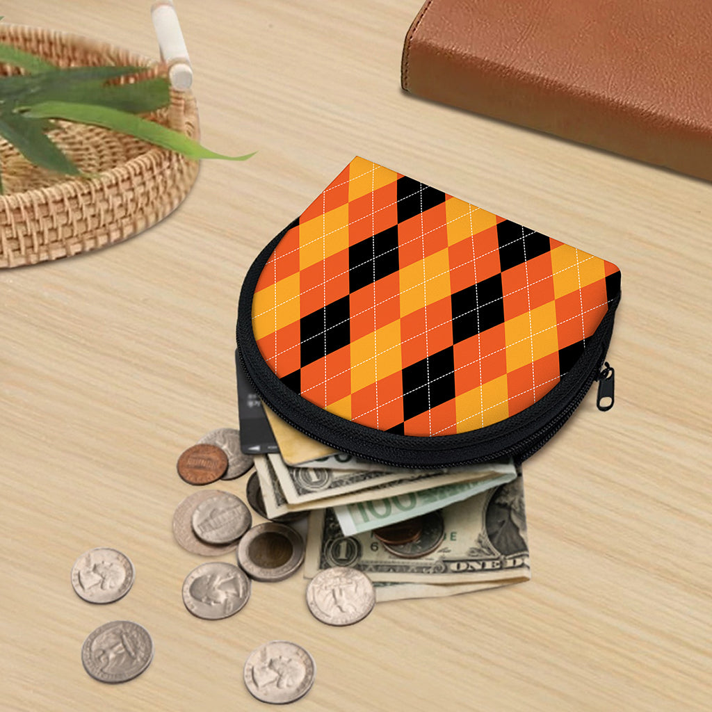 Orange And Black Argyle Pattern Print Coin Purse