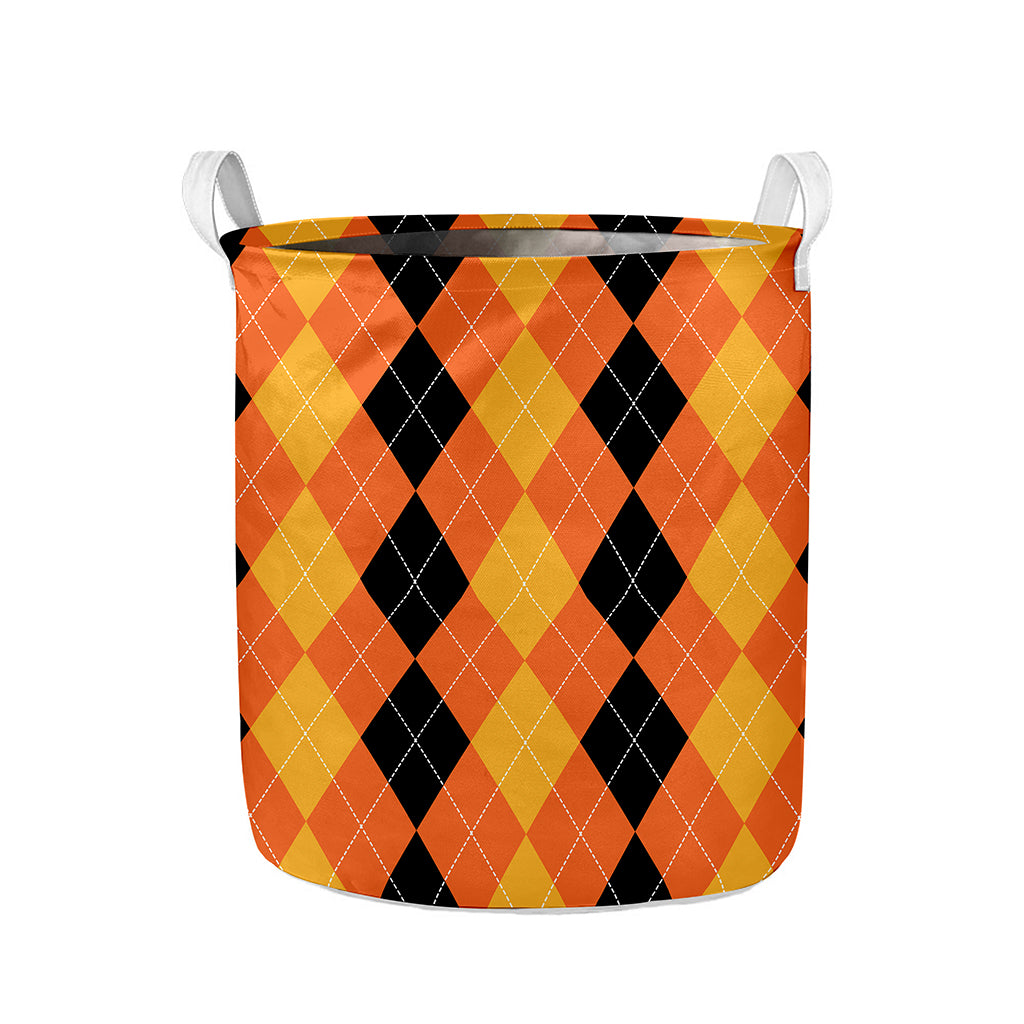 Orange And Black Argyle Pattern Print Collapsible Laundry Basket