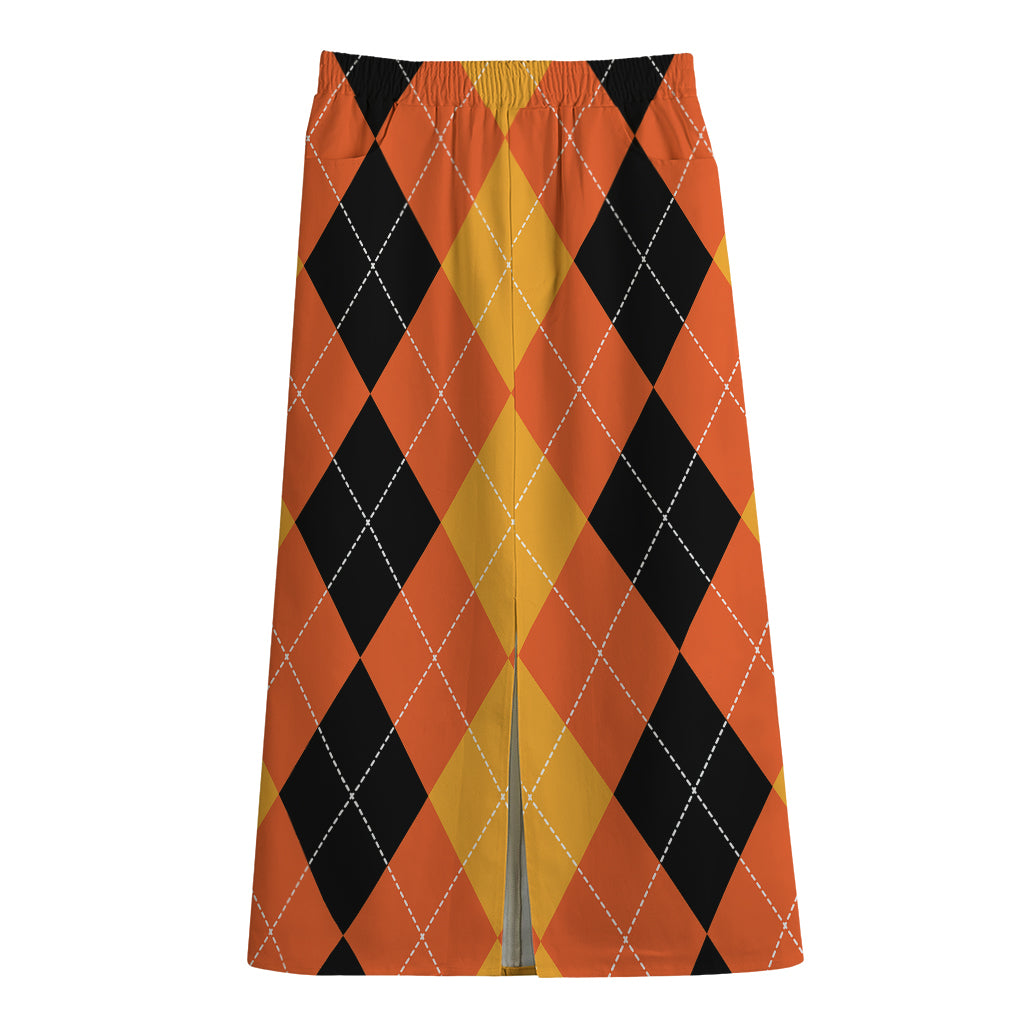 Orange And Black Argyle Pattern Print Cotton Front Slit Maxi Skirt