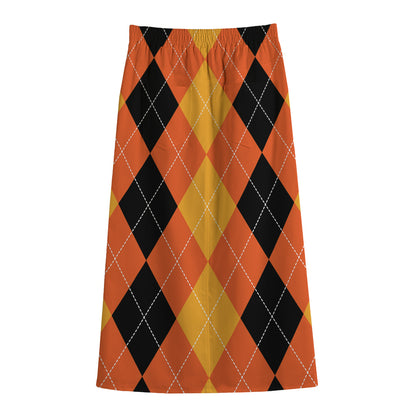 Orange And Black Argyle Pattern Print Cotton Front Slit Maxi Skirt