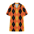 Orange And Black Argyle Pattern Print Cotton Hawaiian Shirt