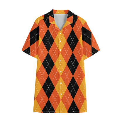 Orange And Black Argyle Pattern Print Cotton Hawaiian Shirt