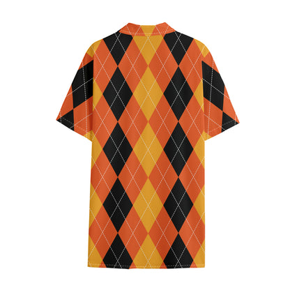Orange And Black Argyle Pattern Print Cotton Hawaiian Shirt