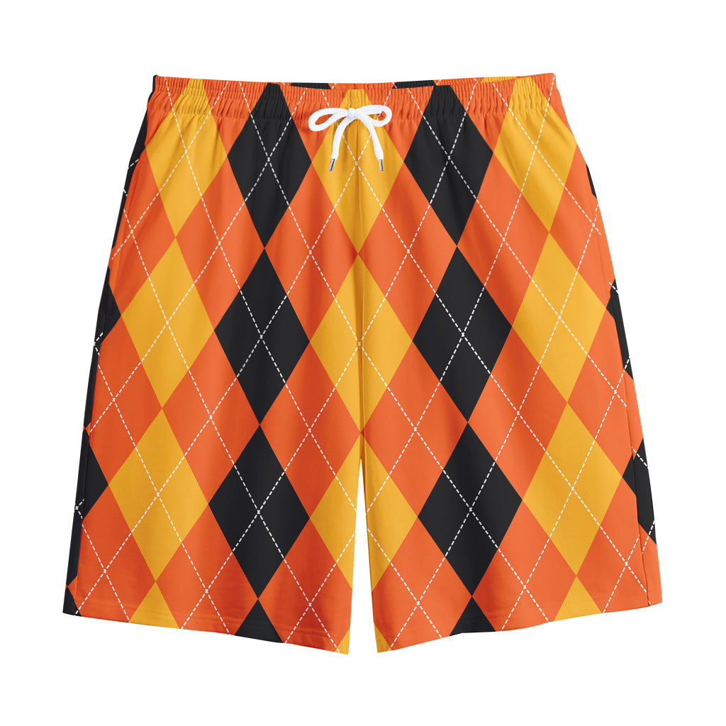 Orange And Black Argyle Pattern Print Cotton Shorts