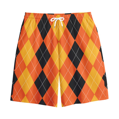 Orange And Black Argyle Pattern Print Cotton Shorts
