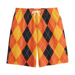 Orange And Black Argyle Pattern Print Cotton Shorts