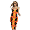 Orange And Black Argyle Pattern Print Cross Back Cami Dress