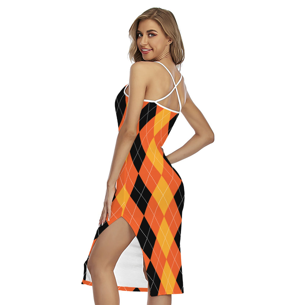 Orange And Black Argyle Pattern Print Cross Back Cami Dress