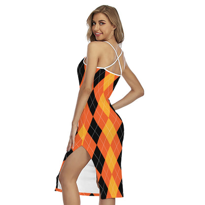 Orange And Black Argyle Pattern Print Cross Back Cami Dress
