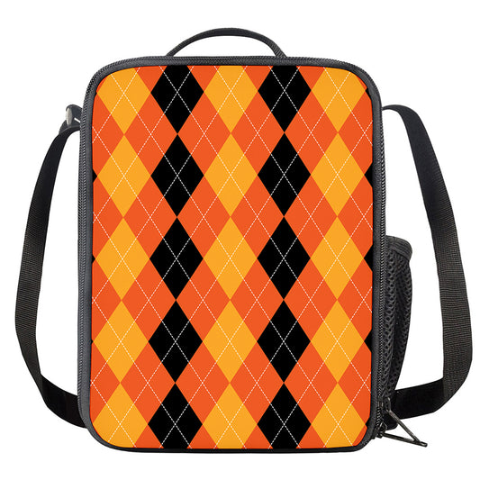 Orange And Black Argyle Pattern Print Crossbody Lunch Bag