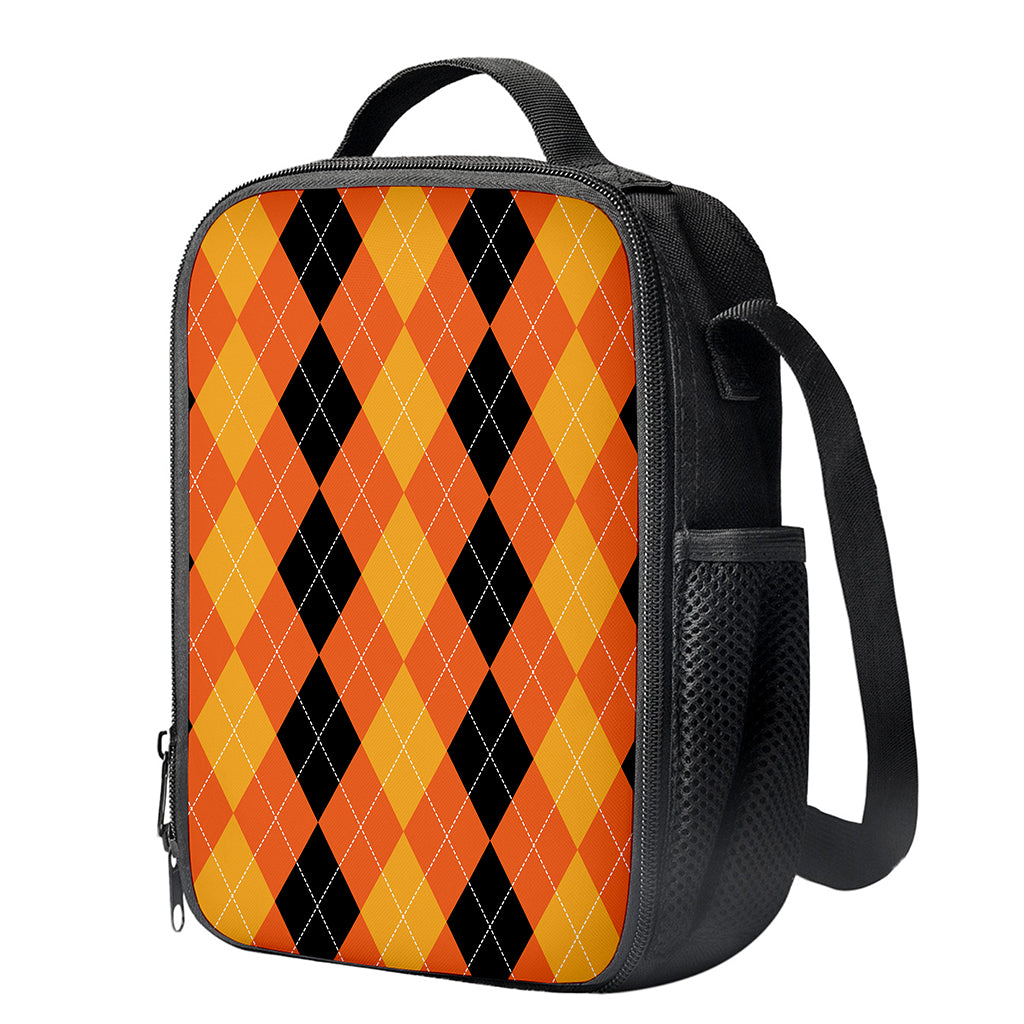 Orange And Black Argyle Pattern Print Crossbody Lunch Bag