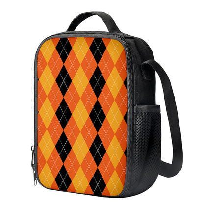 Orange And Black Argyle Pattern Print Crossbody Lunch Bag