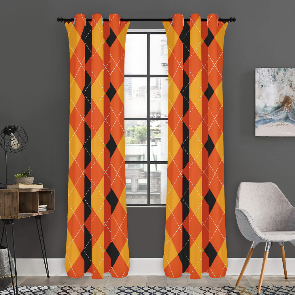 Orange And Black Argyle Pattern Print Curtain