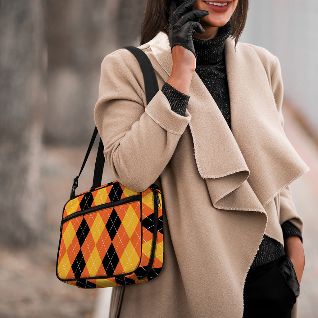 Orange And Black Argyle Pattern Print Double Strap Bible Bag