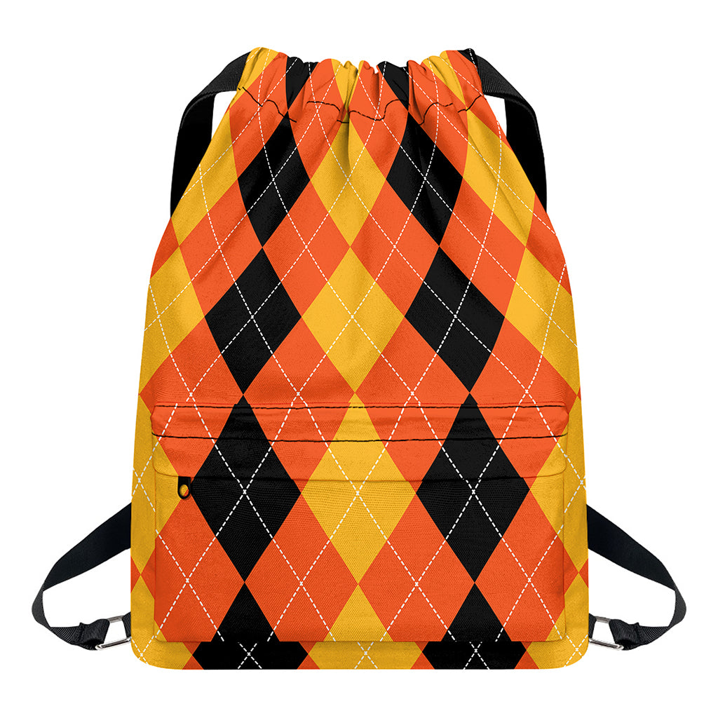 Orange And Black Argyle Pattern Print Drawstring Backpack