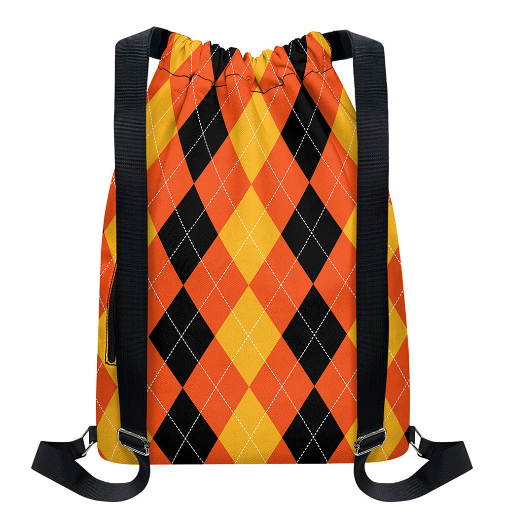 Orange And Black Argyle Pattern Print Drawstring Backpack