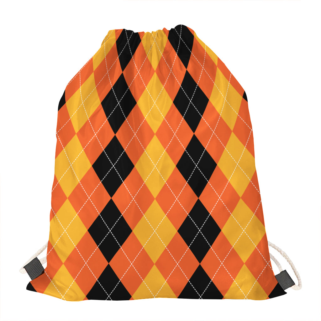 Orange And Black Argyle Pattern Print Drawstring Bag