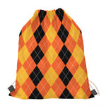 Orange And Black Argyle Pattern Print Drawstring Bag