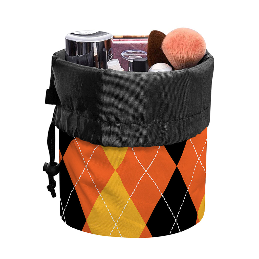 Orange And Black Argyle Pattern Print Drawstring Makeup Bag
