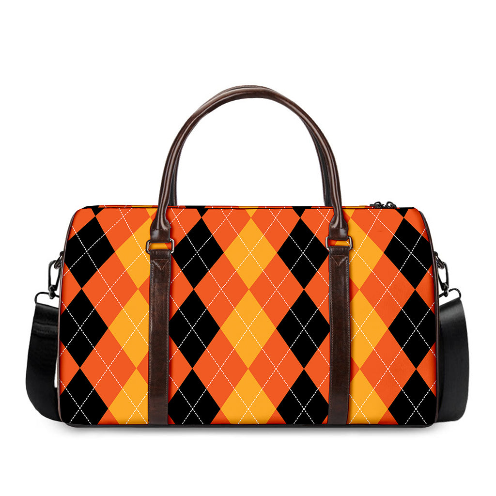 Orange And Black Argyle Pattern Print Duffle Bag