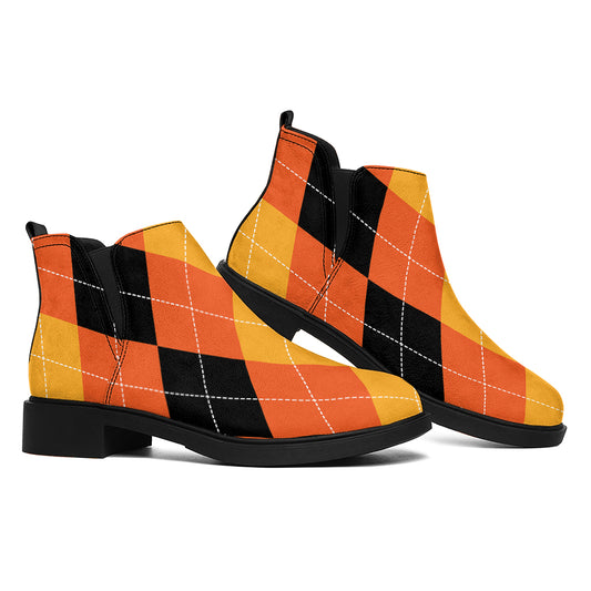 Orange And Black Argyle Pattern Print Flat Ankle Boots