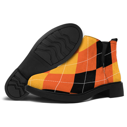 Orange And Black Argyle Pattern Print Flat Ankle Boots