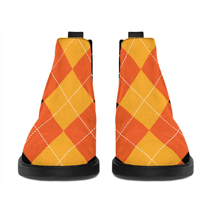 Orange And Black Argyle Pattern Print Flat Ankle Boots