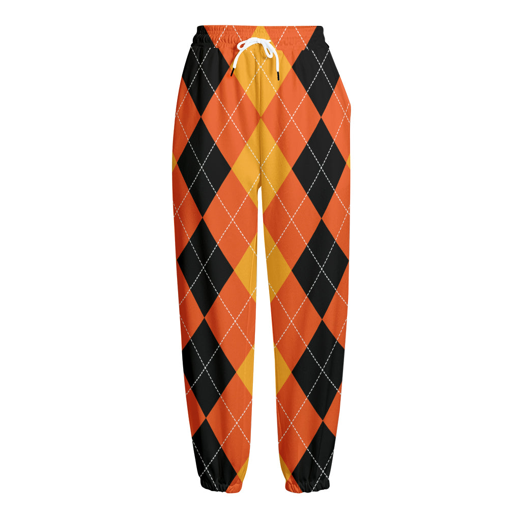 Orange And Black Argyle Pattern Print Fleece Lined Knit Pants