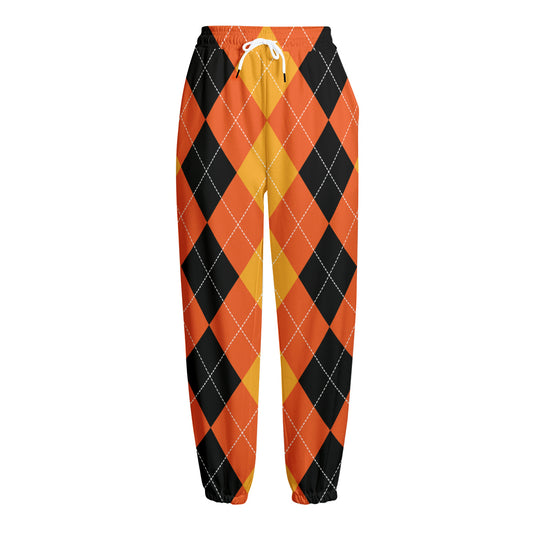 Orange And Black Argyle Pattern Print Fleece Lined Knit Pants