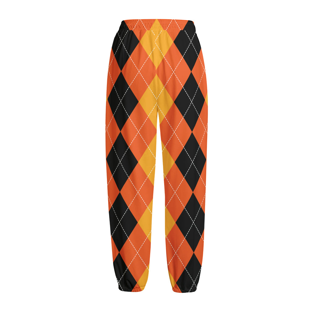Orange And Black Argyle Pattern Print Fleece Lined Knit Pants